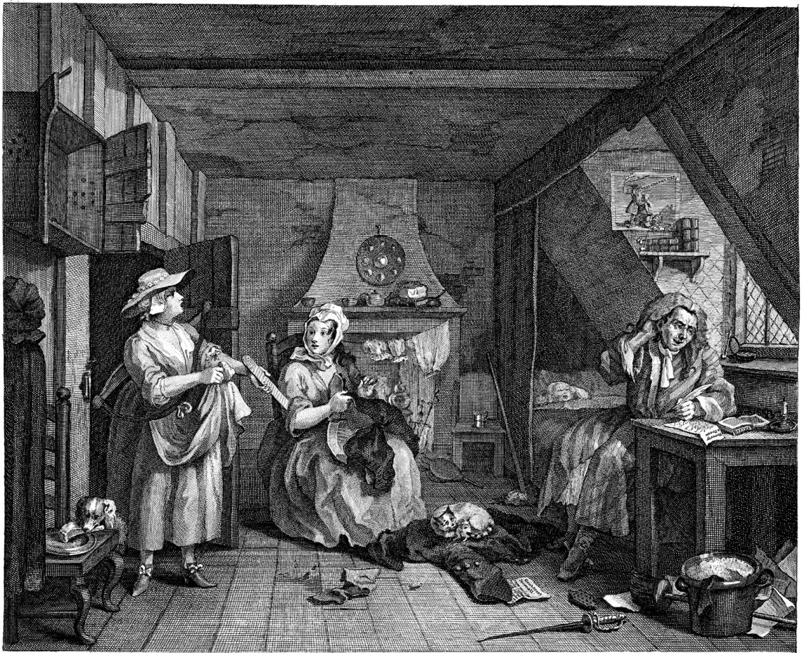 ‘The Distressed Poet’; engraving by William Hogarth. Hanging above the writer is a satirical print showing Alexander Pope fighting with Edmund Curll