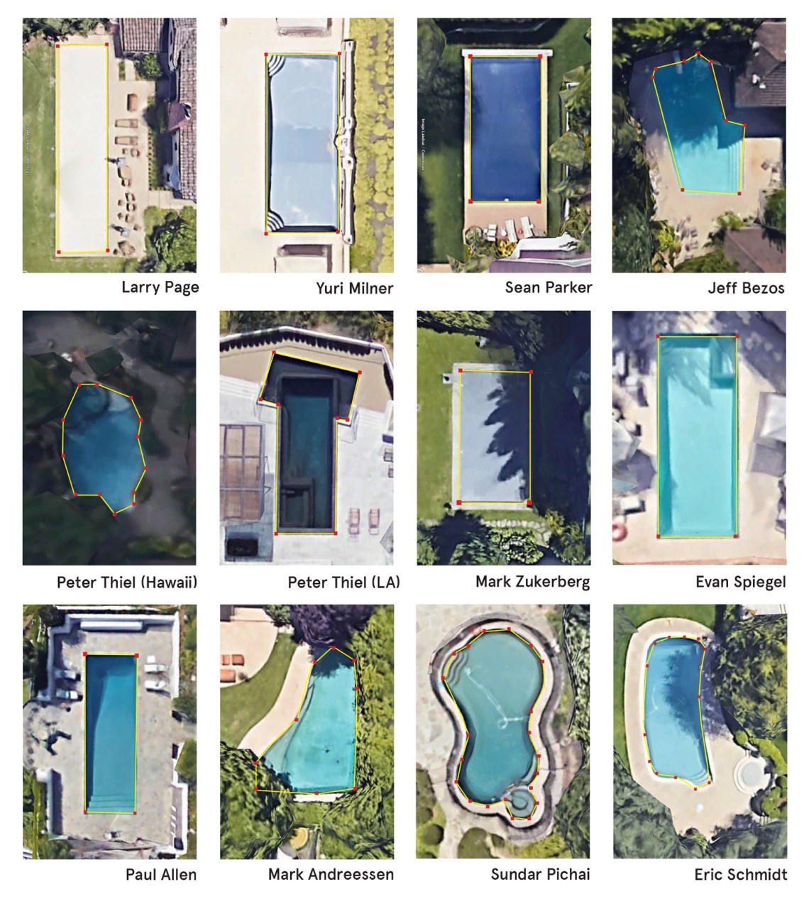 ‘Data Pools’; a geolocation spoofing project by Adam Harvey and Anastasia Kubrak that virtually relocated people’s phones to the pools of Silicon Valley CEOs