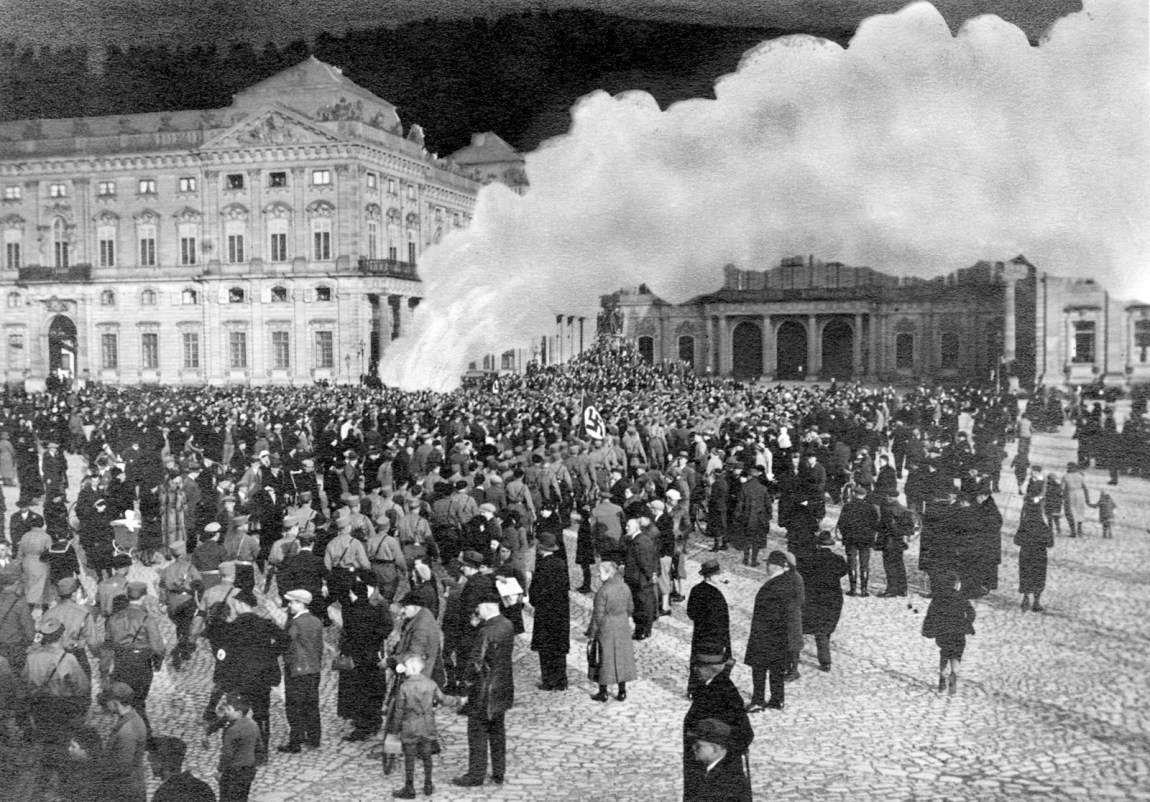 A doctored photograph of a book burning on the Residenzplaz in Würzburg, Germany, 1933