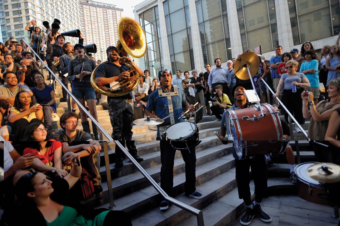 Asphalt Orchestra, Bang on a Can’s marching band, performing at Lincoln Center, NYC