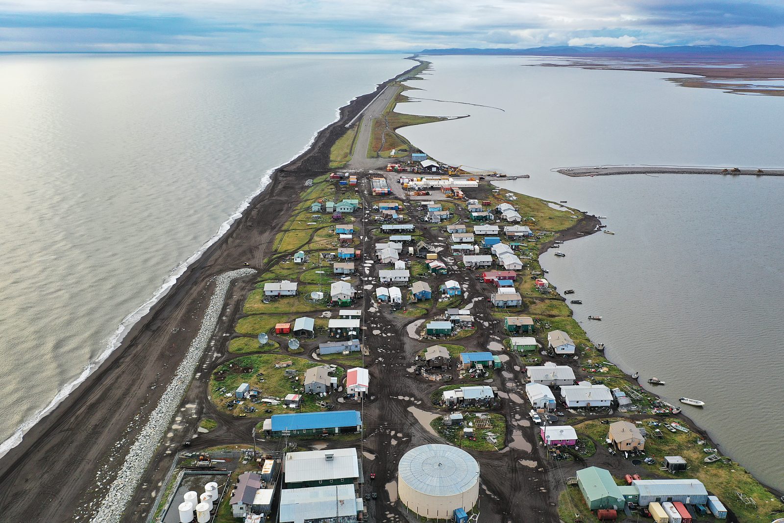 Aerial view of the village of Kivalina on a spit of land in the Chukchi Sea.