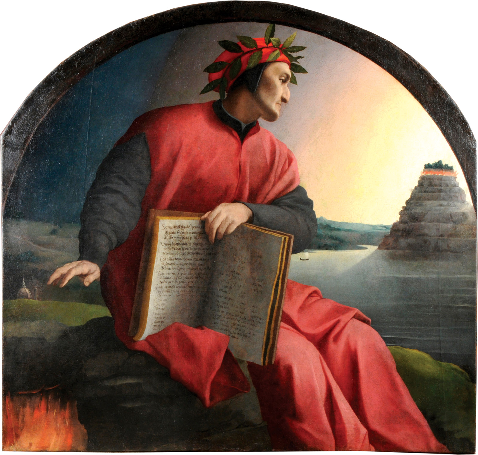 Portrait of Dante holding The Divine Comedy open to canto 25 of Paradiso and looking at Mount Purgatory