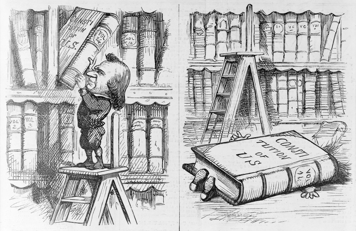 Cartoon of Andrew Johnson, first frame he reaches for a book on the shelf, next frame the book has fallen on him