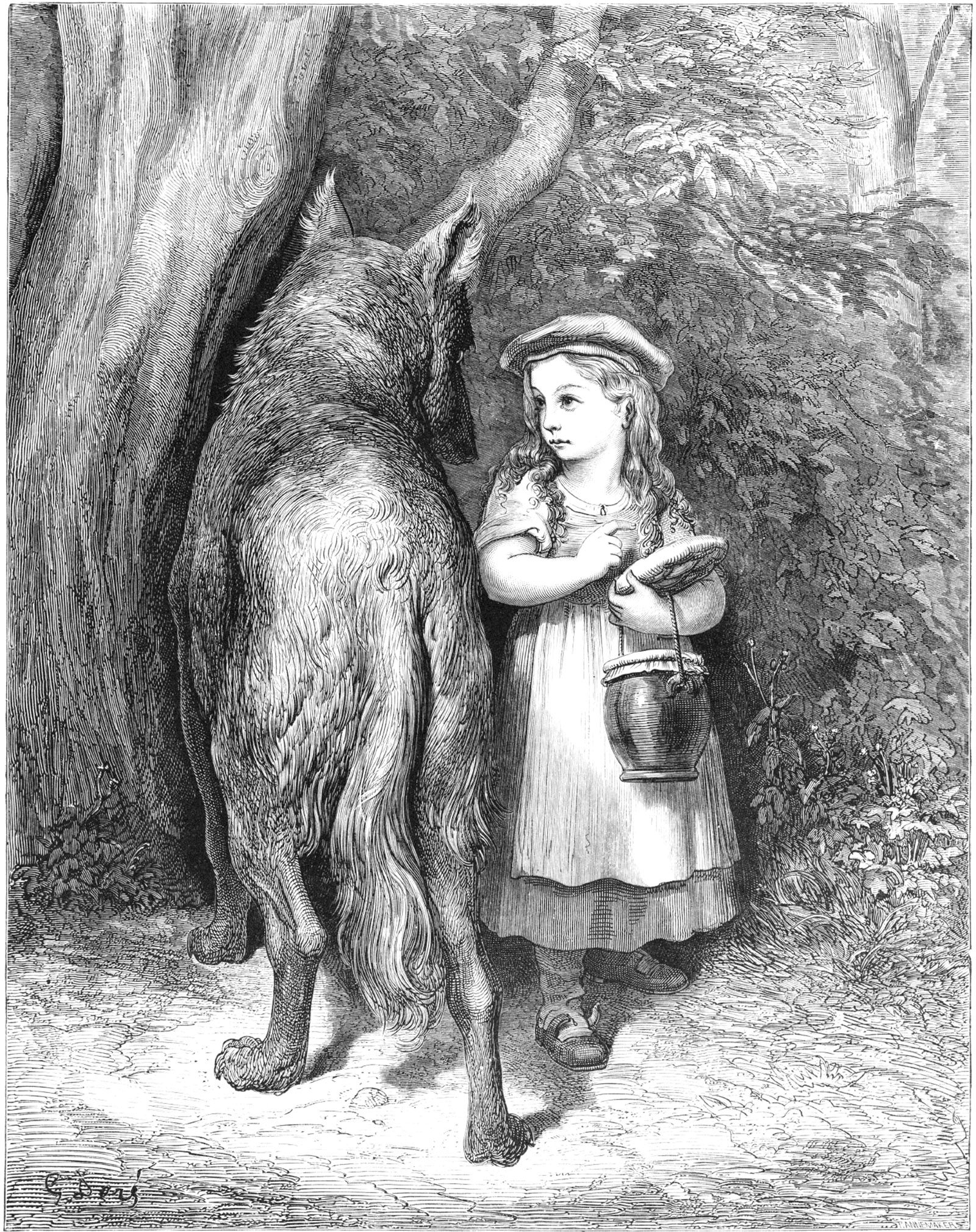 Engraving of Little Red Riding Hood and the wolf