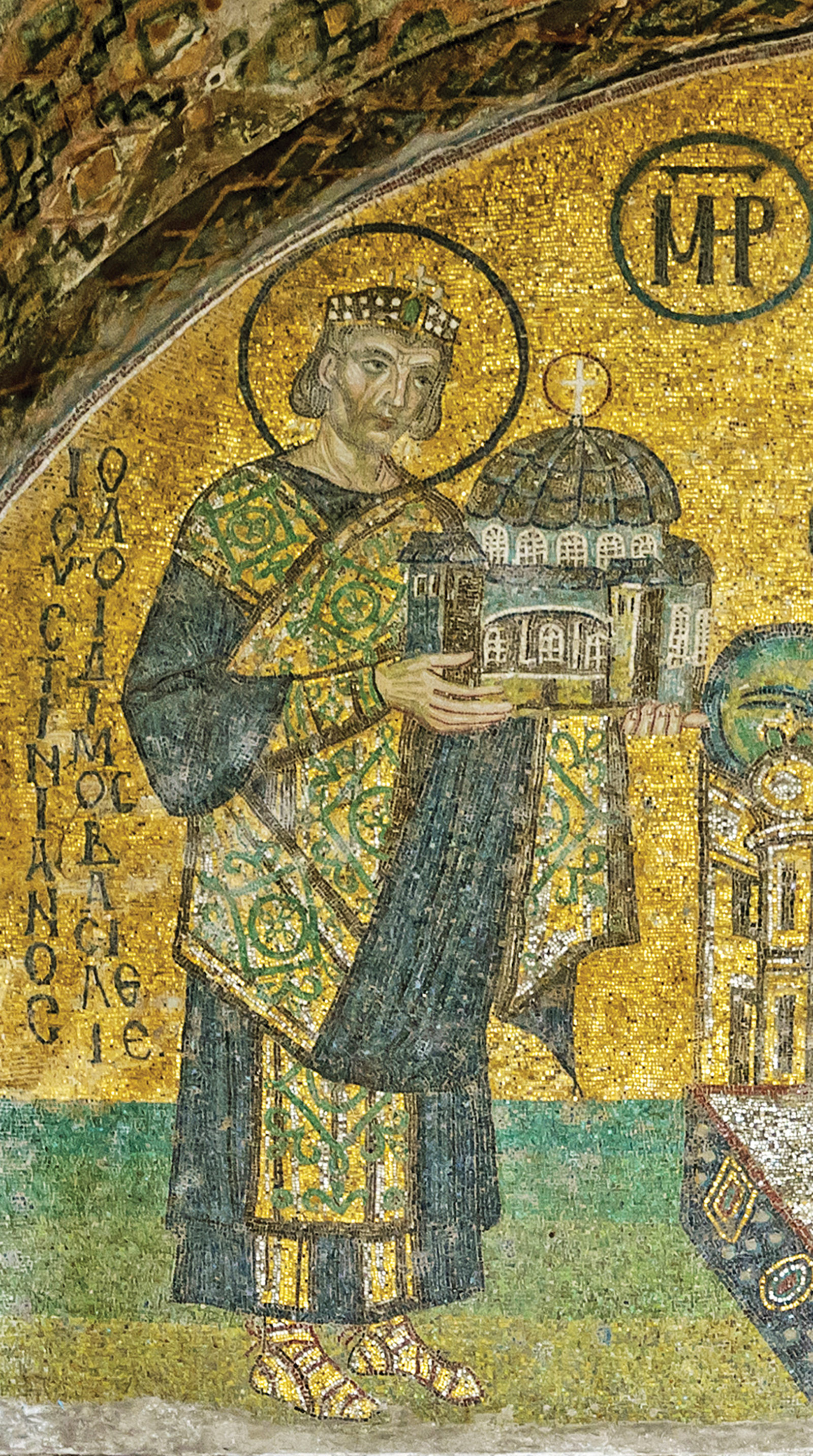 Mosaic of Emperor Justinian presenting a model of Hagia Sophia to the Virgin and Child