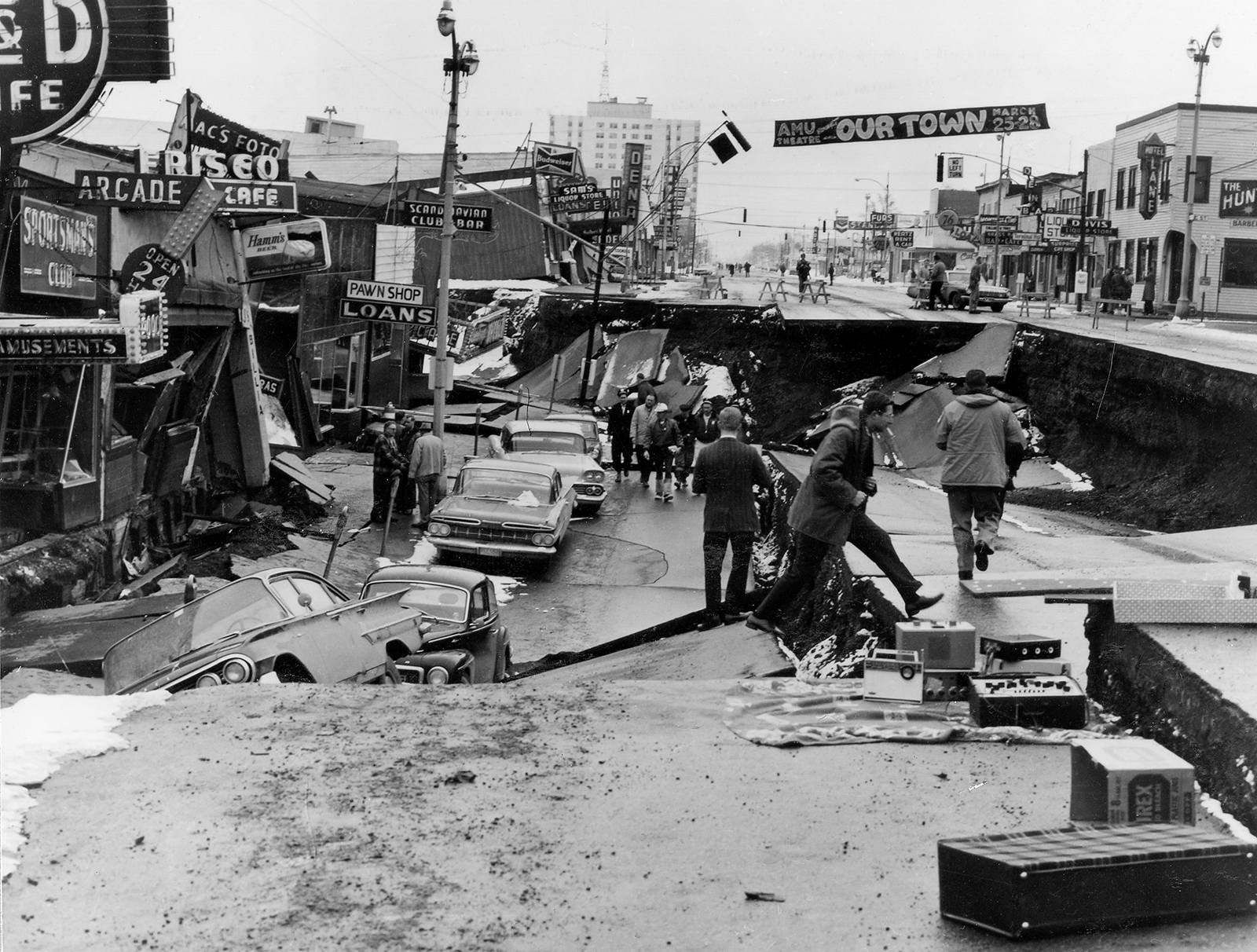 Fourth Avenue, Anchorage’s main commercial street, after the Great Alaska Earthquake, March 1964