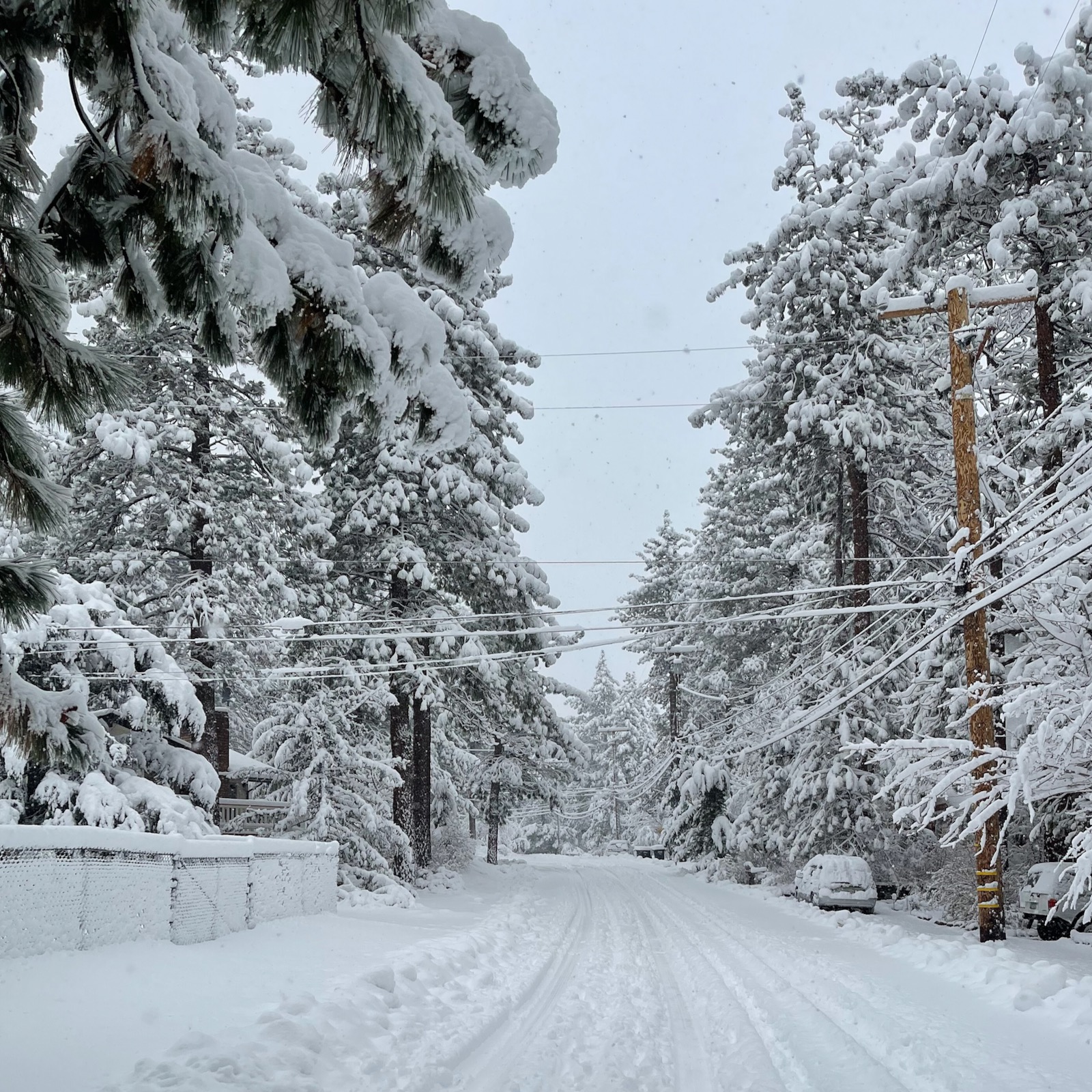 A snowy road in San Bernardino County, California