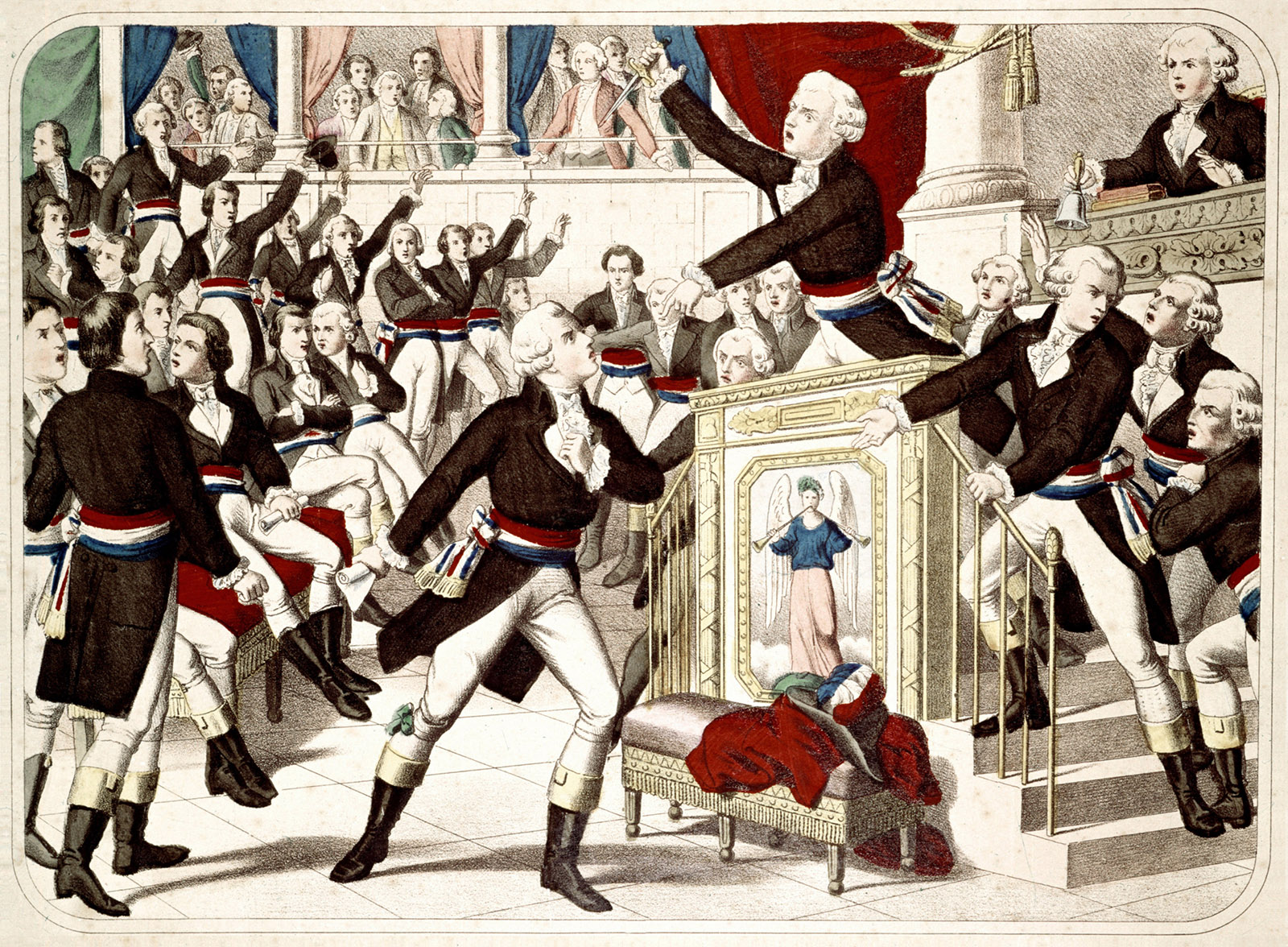 Engraving of Jean-Lambert Tallien threatening to kill Maximilien Robespierre at a meeting of the National Convention, Paris, 1794