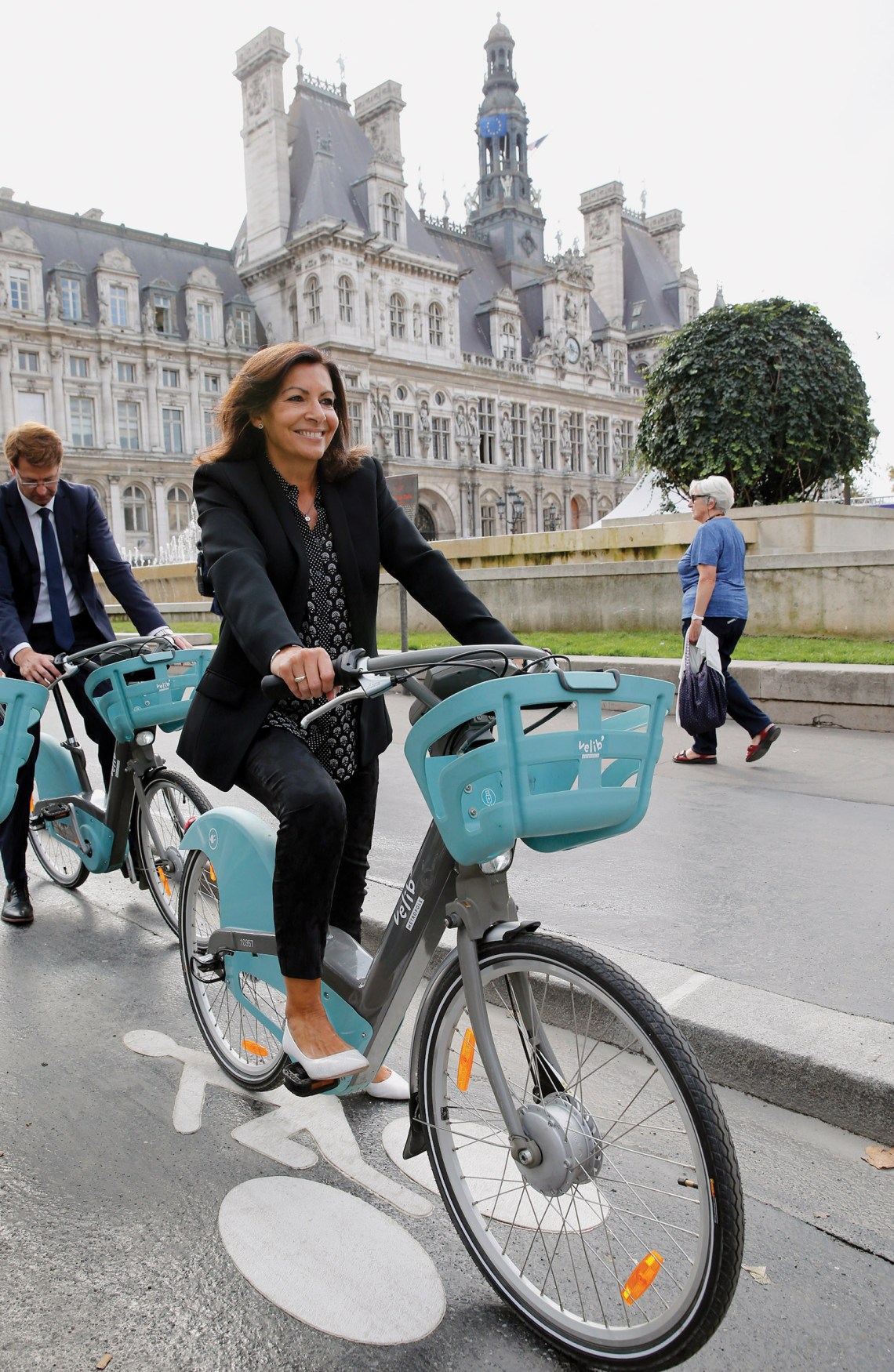 Anne Hidalgo inaugurating a new bicycle path on rue de Rivoli, Paris