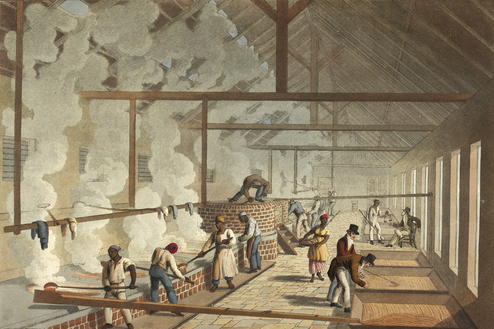 Enslaved people working in the boiling house of a sugar plantation in British Antigua