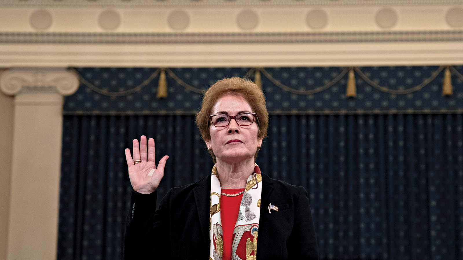 Former ambassador Marie Yovanovich being sworn in to testify during the House Intelligence Committee’s hearings on the impeachment of President Trump
