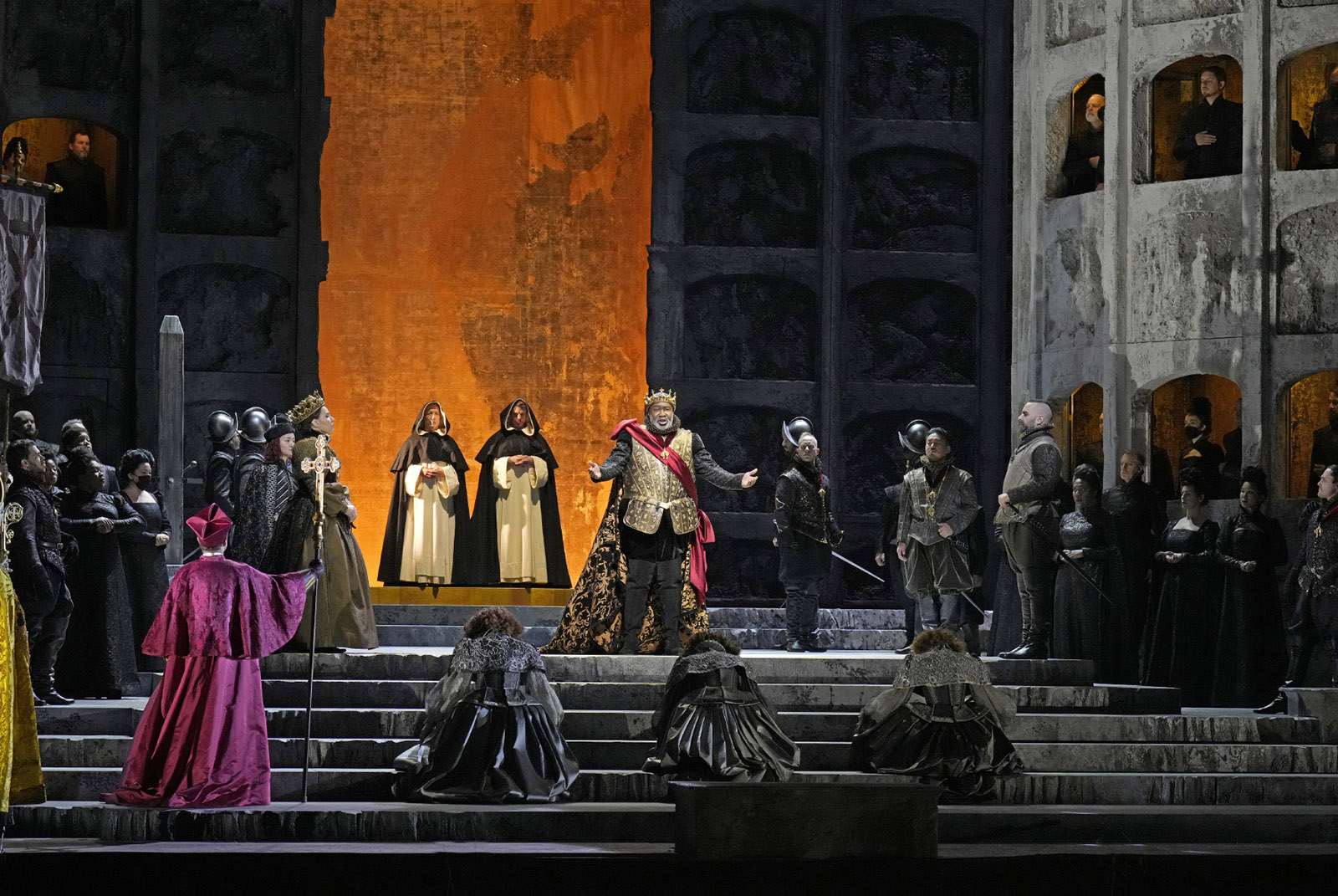 Eric Owens as Philip II, Sonya Yoncheva as Elisabeth and Etienne Dupuis as the Marquis of Posa, in Don Carlos
