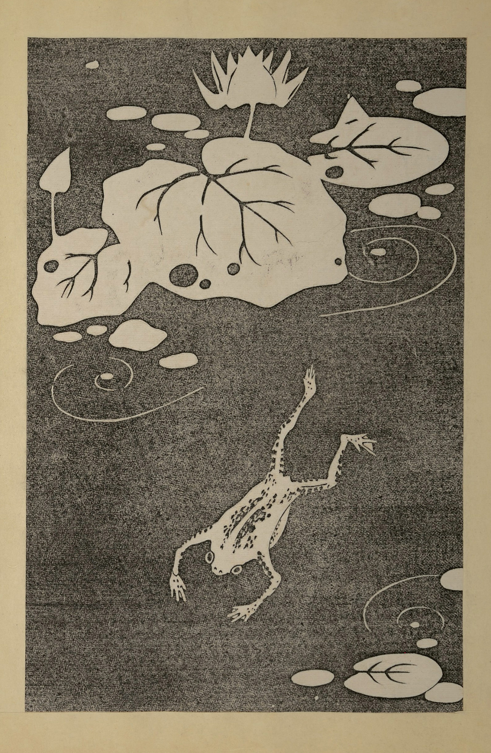 Woodblock by Itō Jakuchū of a frog and lily pads