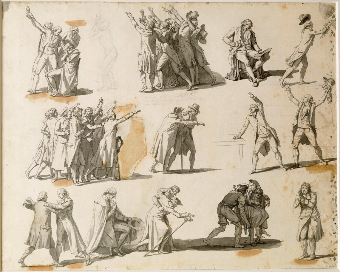 Deputies and Groups of Deputies: Sheet of Fourteen Studies for ‘The Oath of the Tennis Court; drawing by Jacques Louis David