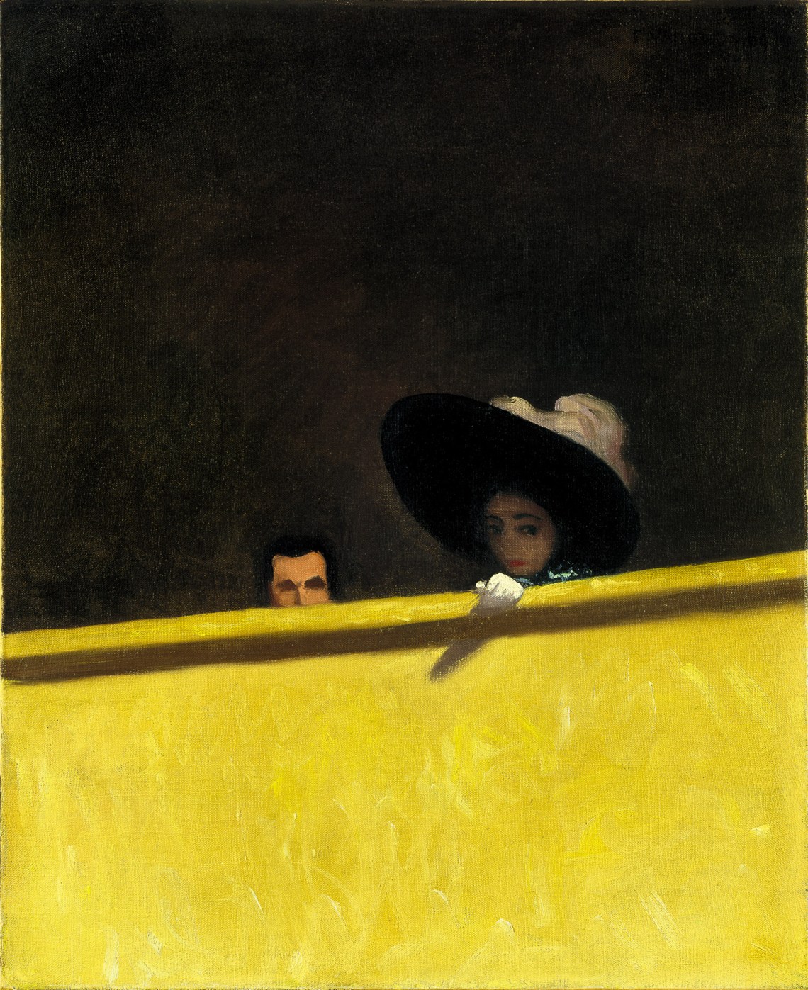 A woman and a man look over a balcony. La Loge de théâtre, le monsieur et la dame; painting by Félix Vallotton