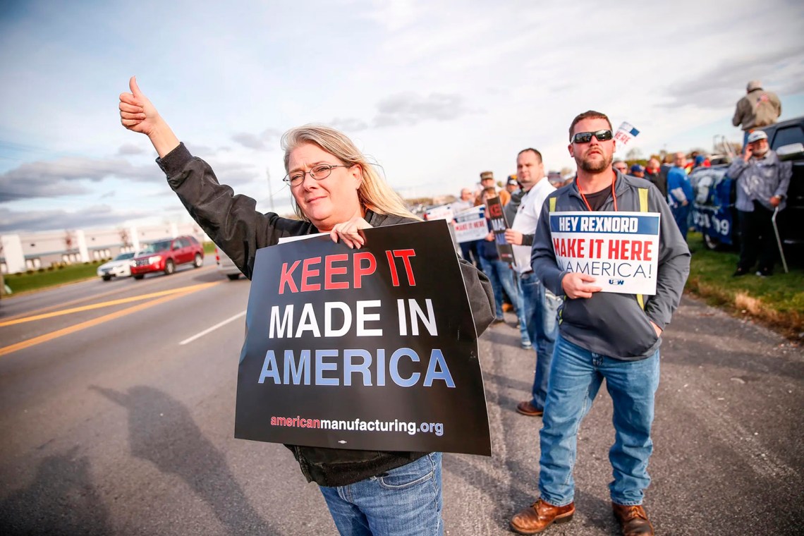 Union representative Beth Dubree supporting Indianapolis-based employees of Rexnord, a ball-bearing manufacturer, at a protest against the company’s decision to move three hundred jobs to Mexico