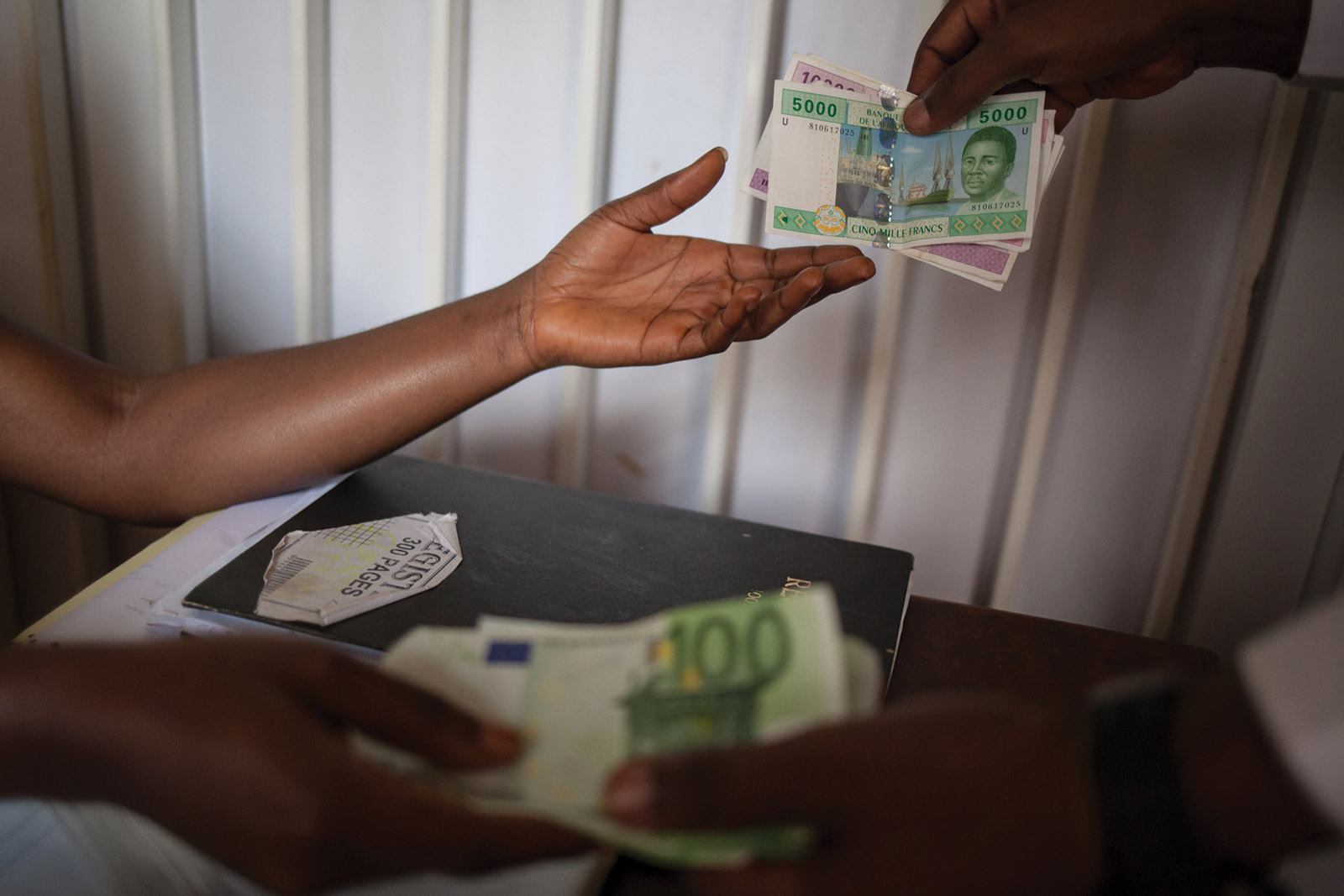 CFA francs being exchanged for euros, Yaoundé, Cameroon