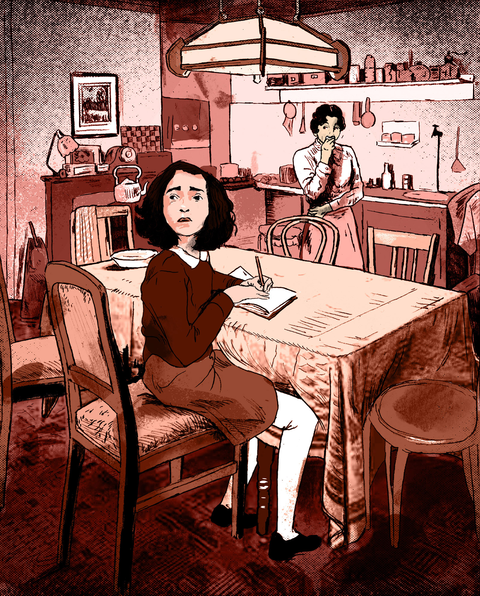 Anne Frank writing at a table; Illustration by Ruth Gwily
