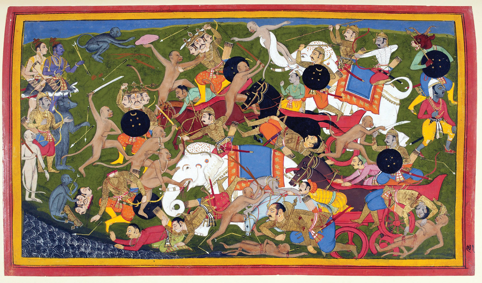 Battle between the armies of Rama and Ravana; illustration by Sahib Din from a seventeenth-century manuscript of the Ramayana