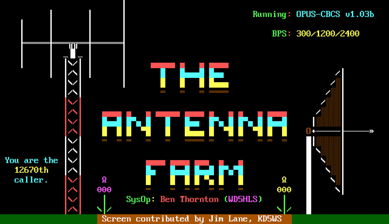 The welcome screen, created by Jim Lane, for The Antenna Farm, a bulletin-board system