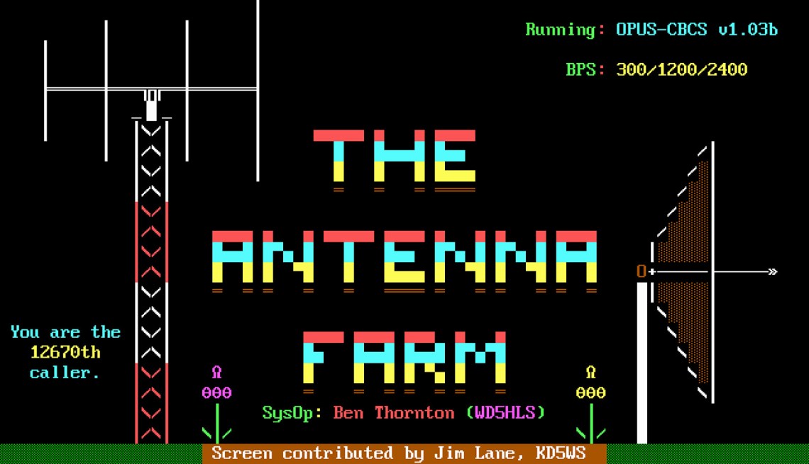The welcome screen, created by Jim Lane, for The Antenna Farm, a bulletin-board system