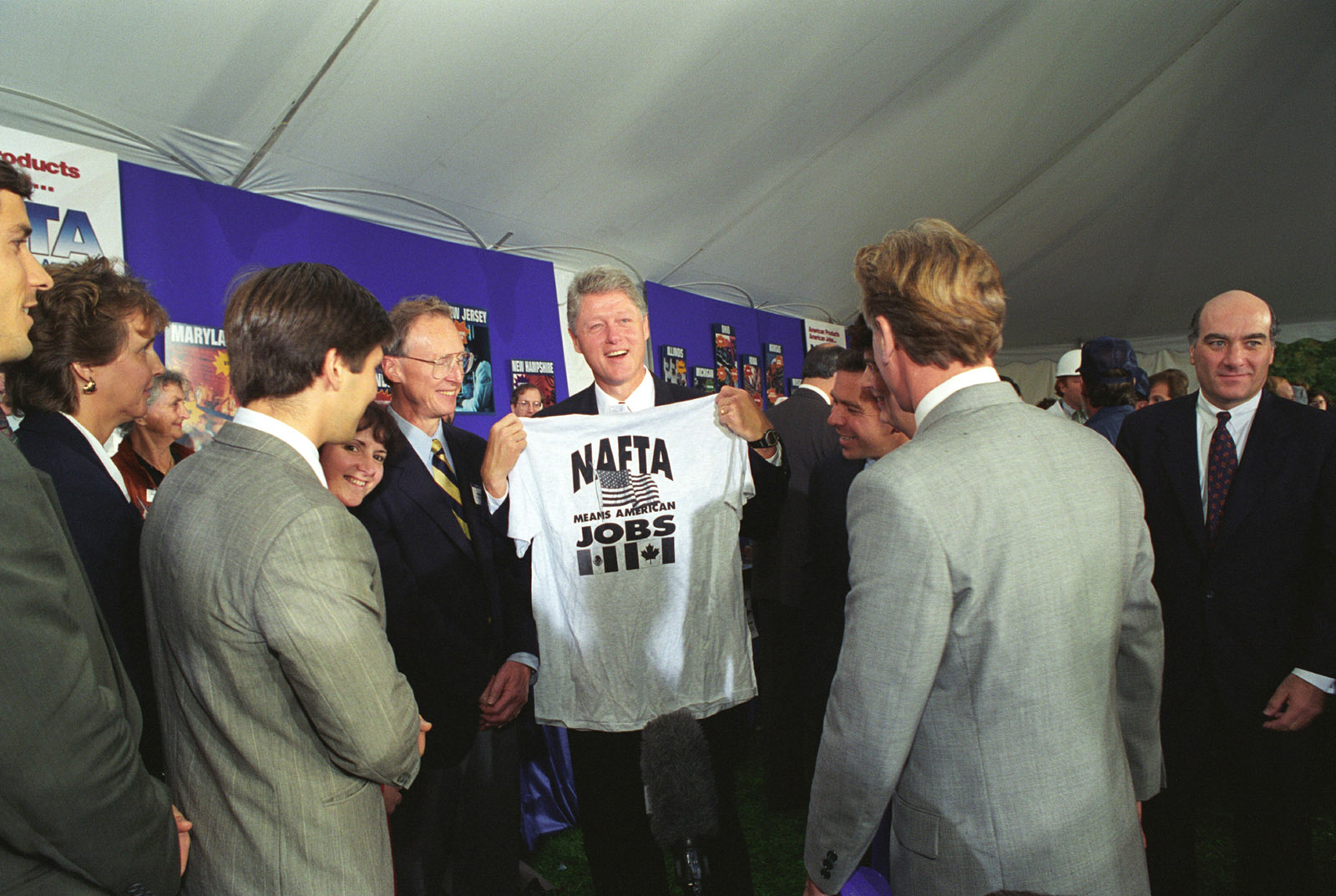 President Bill Clinton at a NAFTA event on the South Lawn of the White House