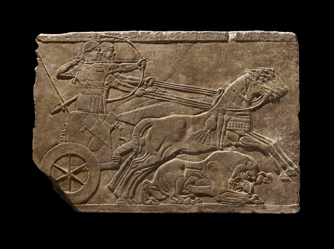 A stone relief of a royal lion hunt, Assyria, 875–860 BCE