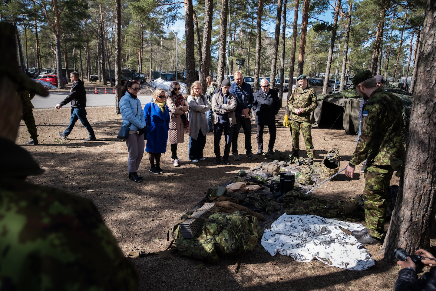 Volunteers gather in the forest in Tallinn at the Estonian Defense League headquarters