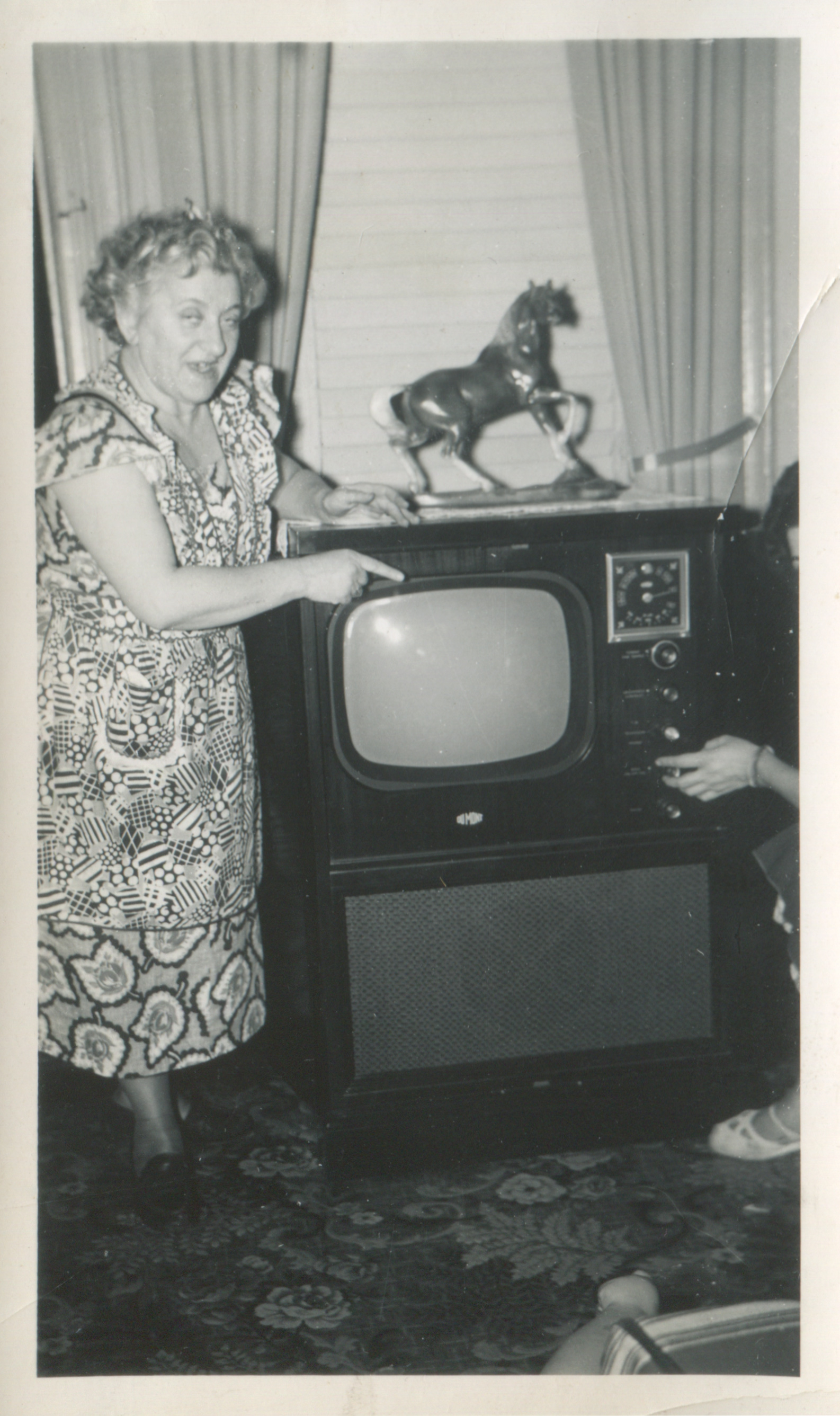 Woman pointing at TV set
