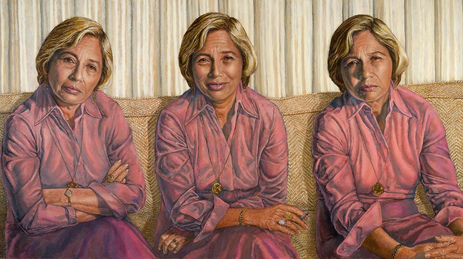 Portrait of a blond woman in a pink outfit sitting on a couch, appearing three times wearing different expressions