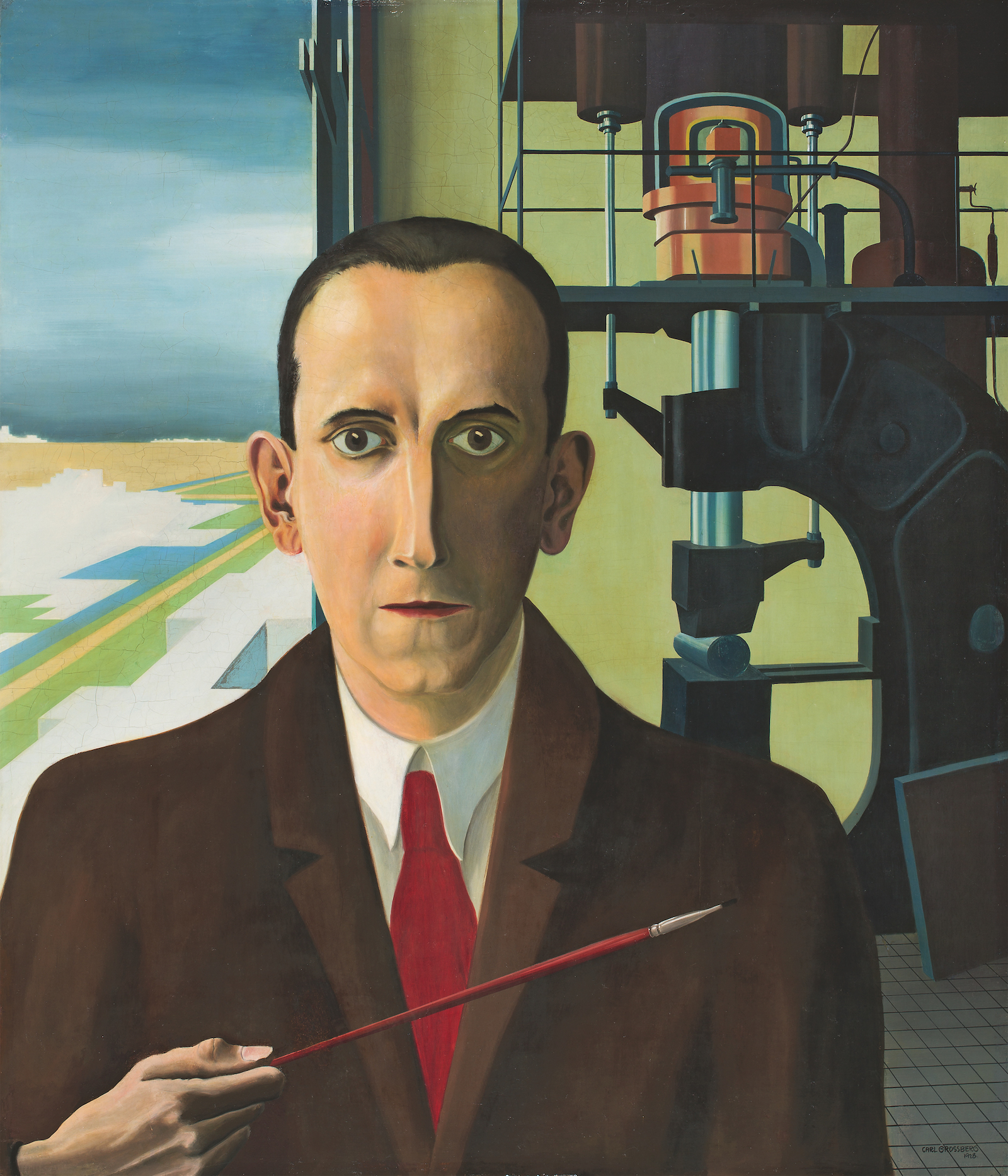 A self-portrait of a painter in which the painter stands, in a suit, in front of a machine