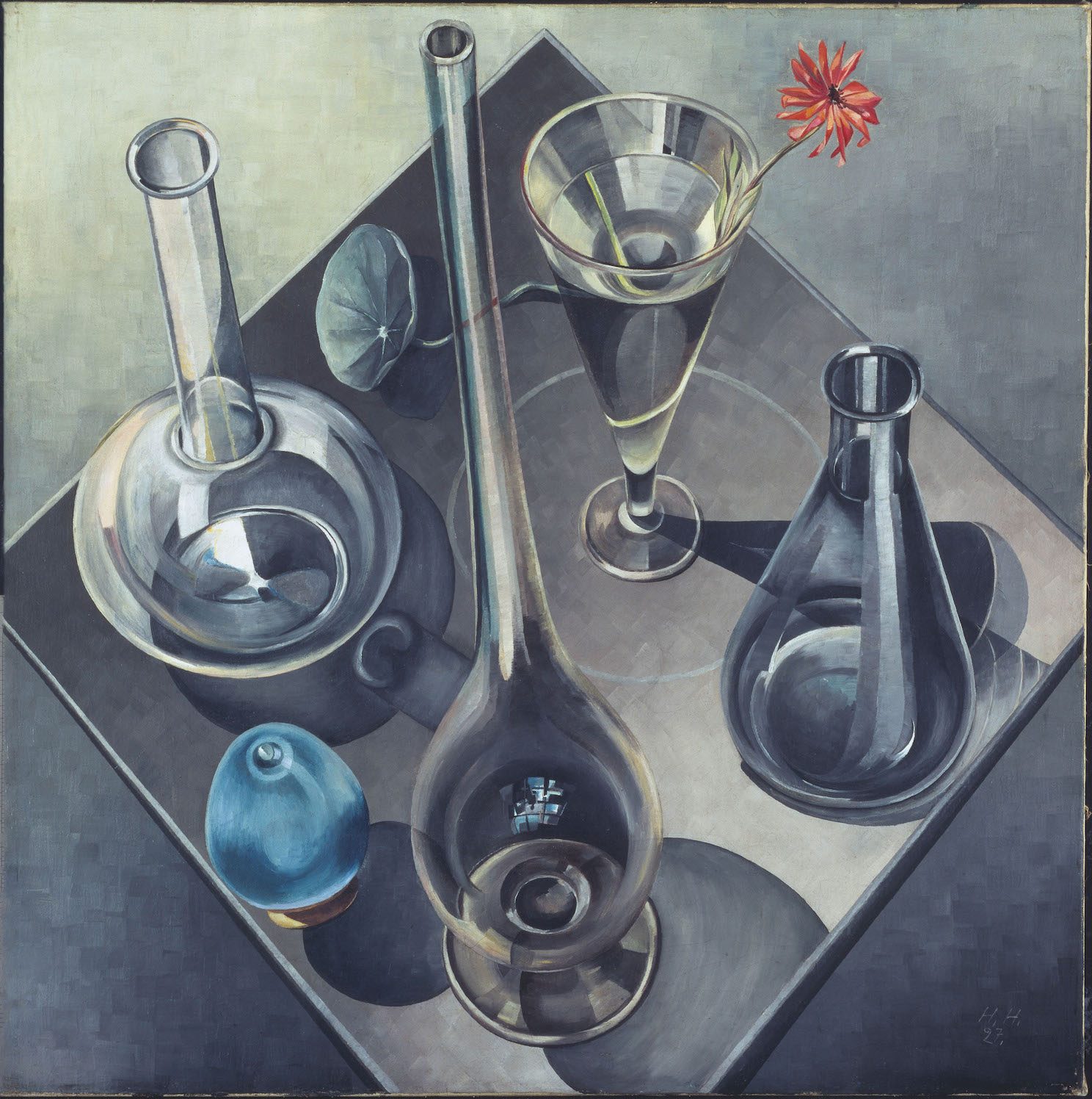 A painting of vases and other glassware