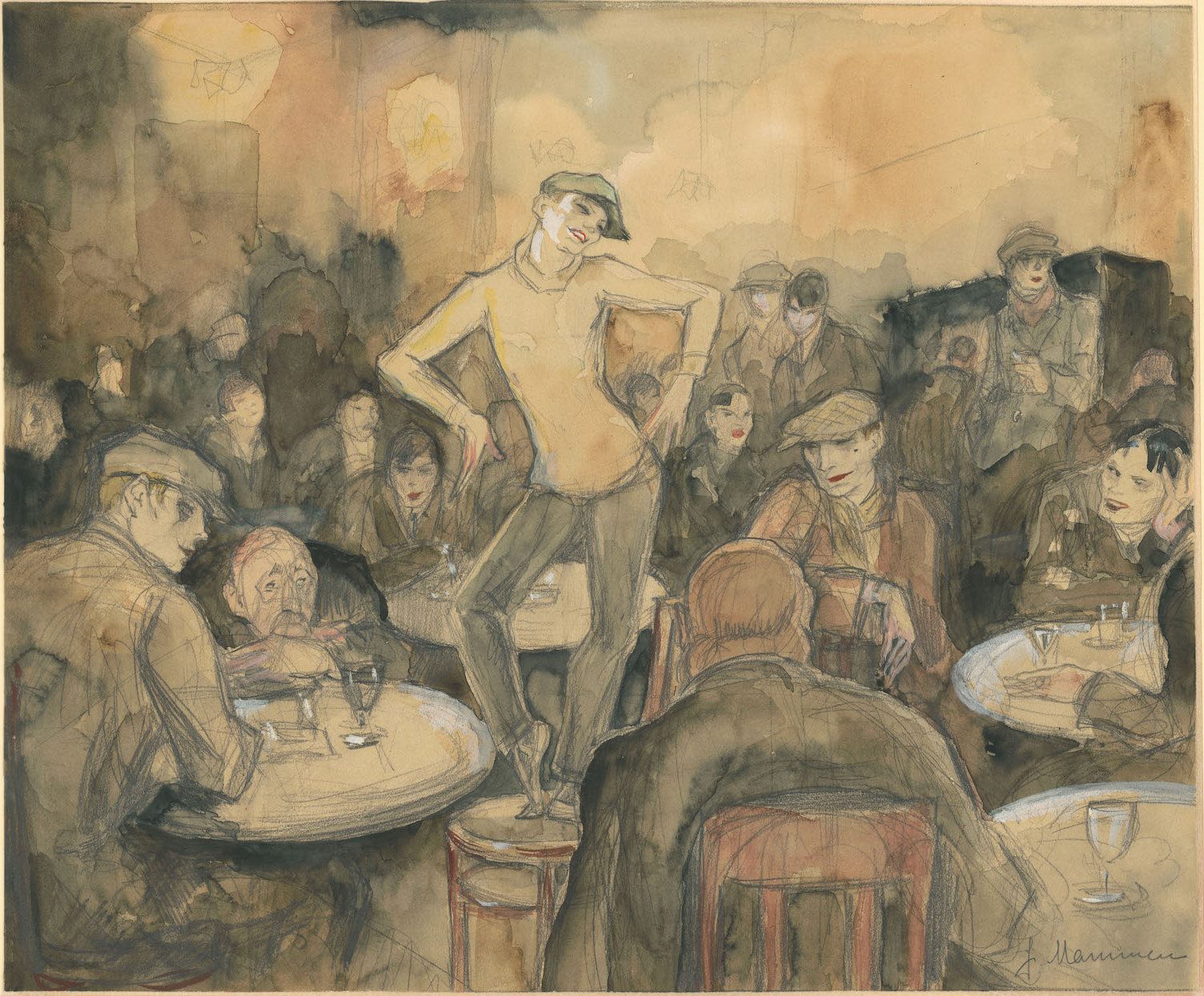 A watercolor of a person dancing on a table in a crowded restaurant