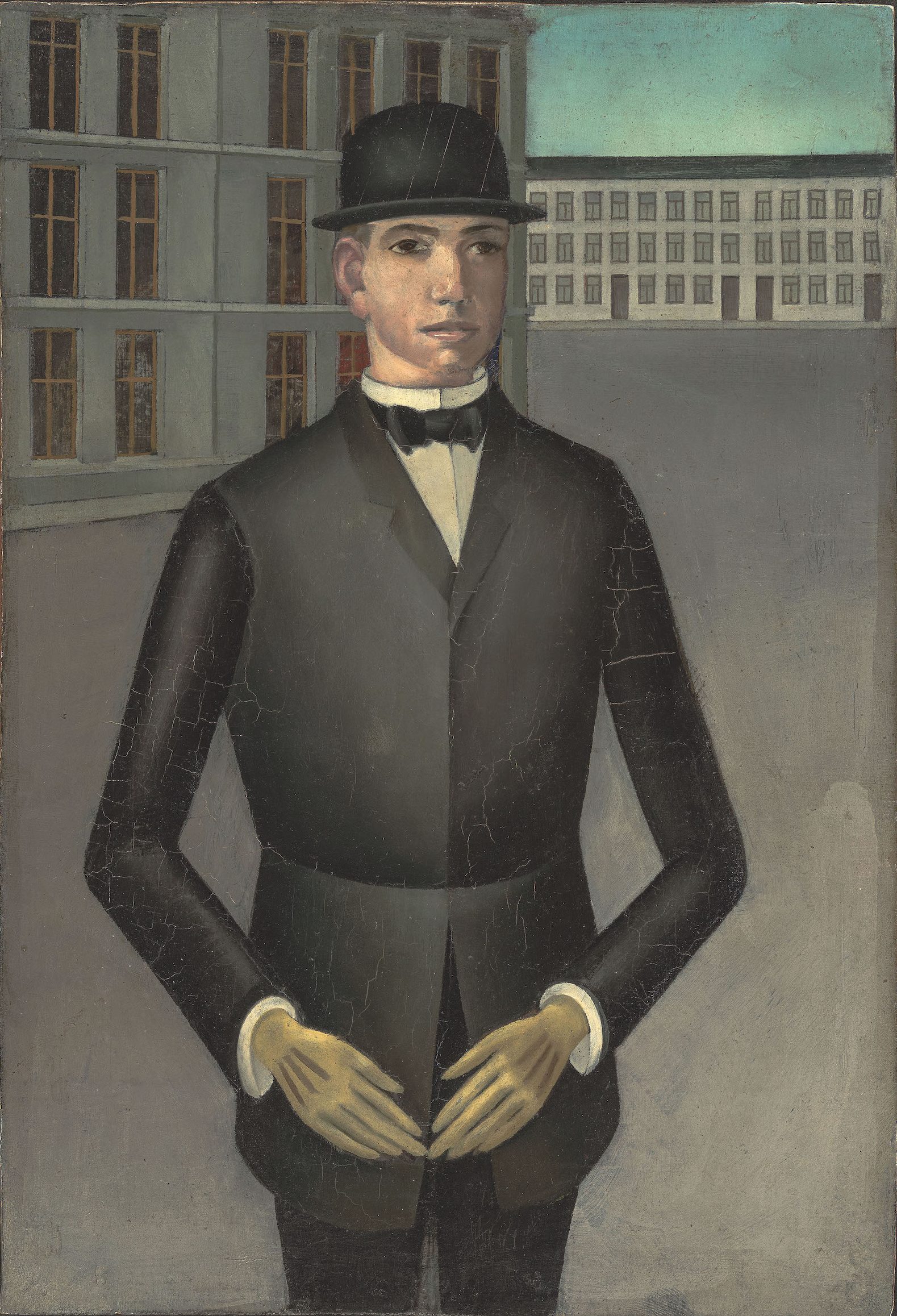 A painting of a man in a suit and bowler hat standing in a deserted street