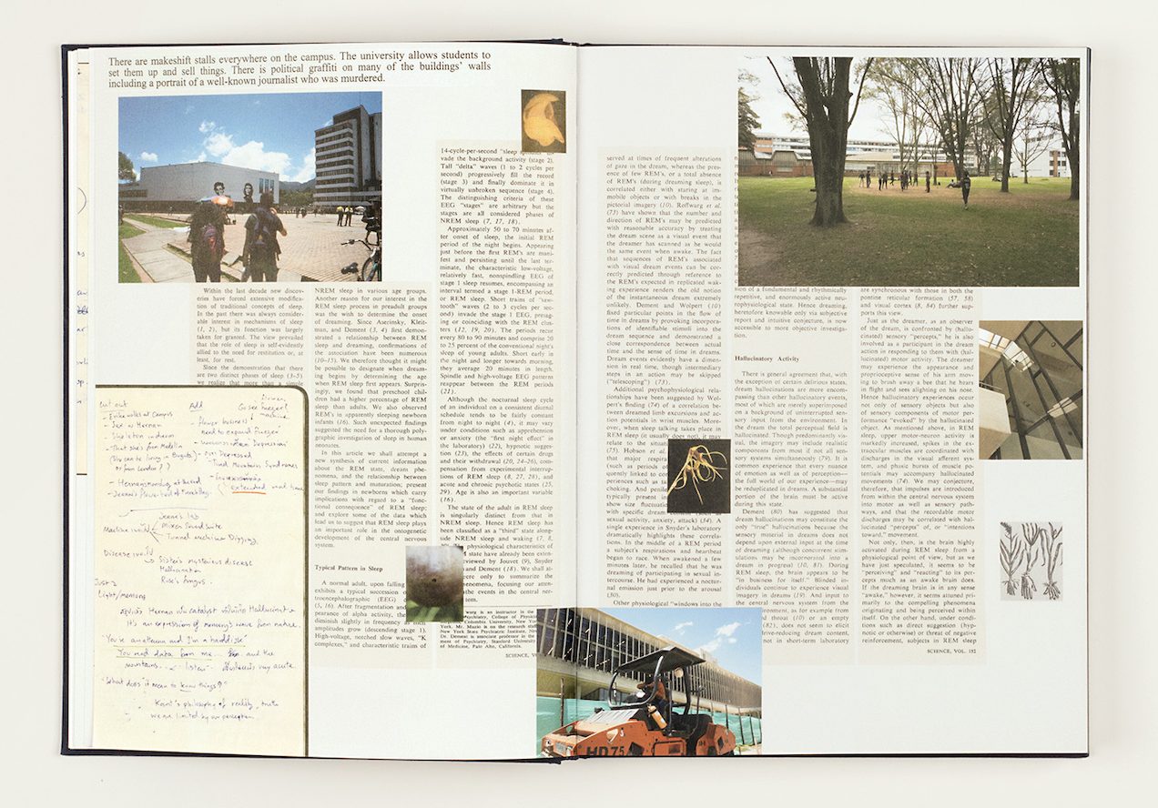 A spread of two scrapbook-style pages combining columns of text with clipped photographs