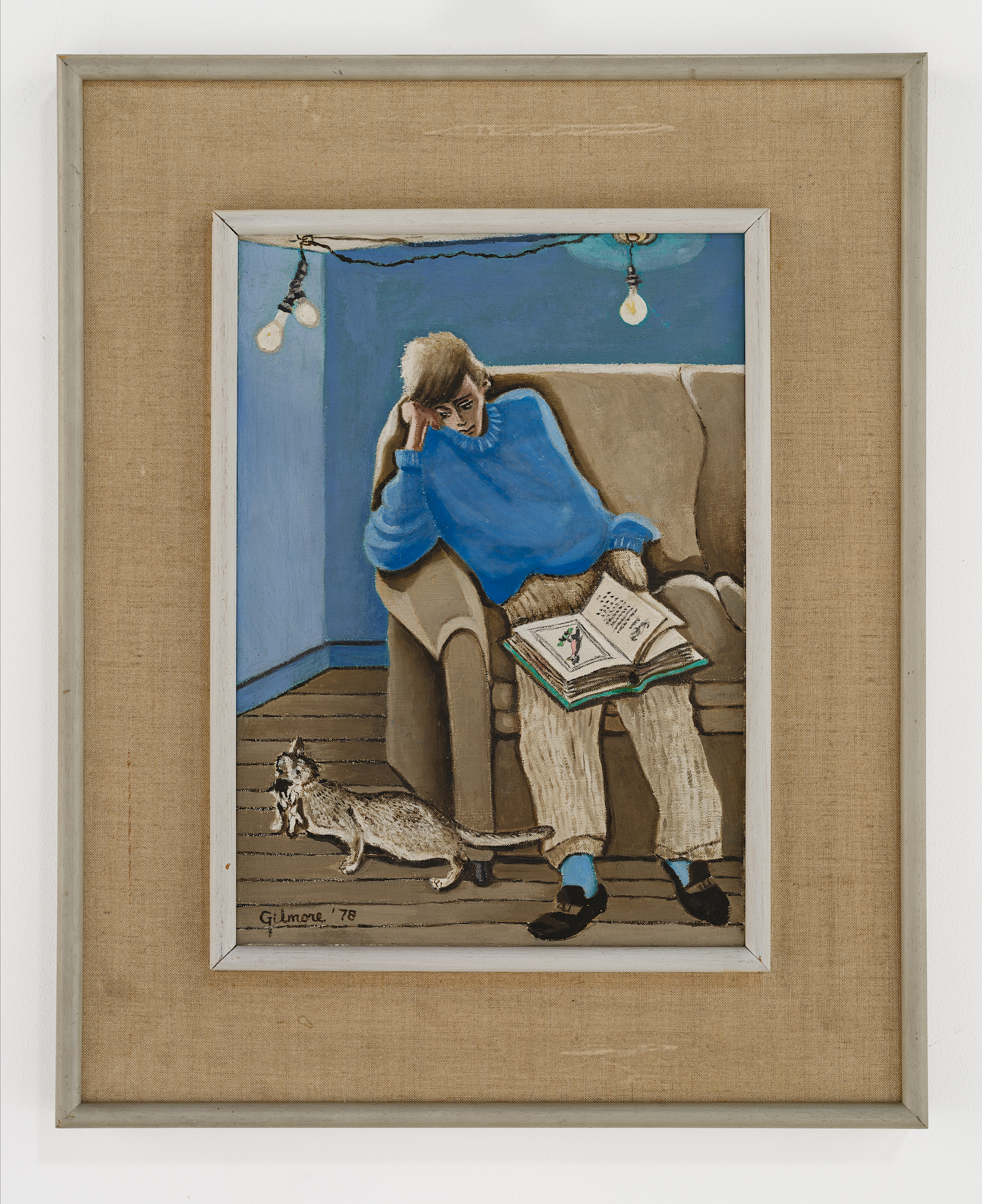 Painting of a boy in a blue sweater reading on a couch looking at a cat on the floor