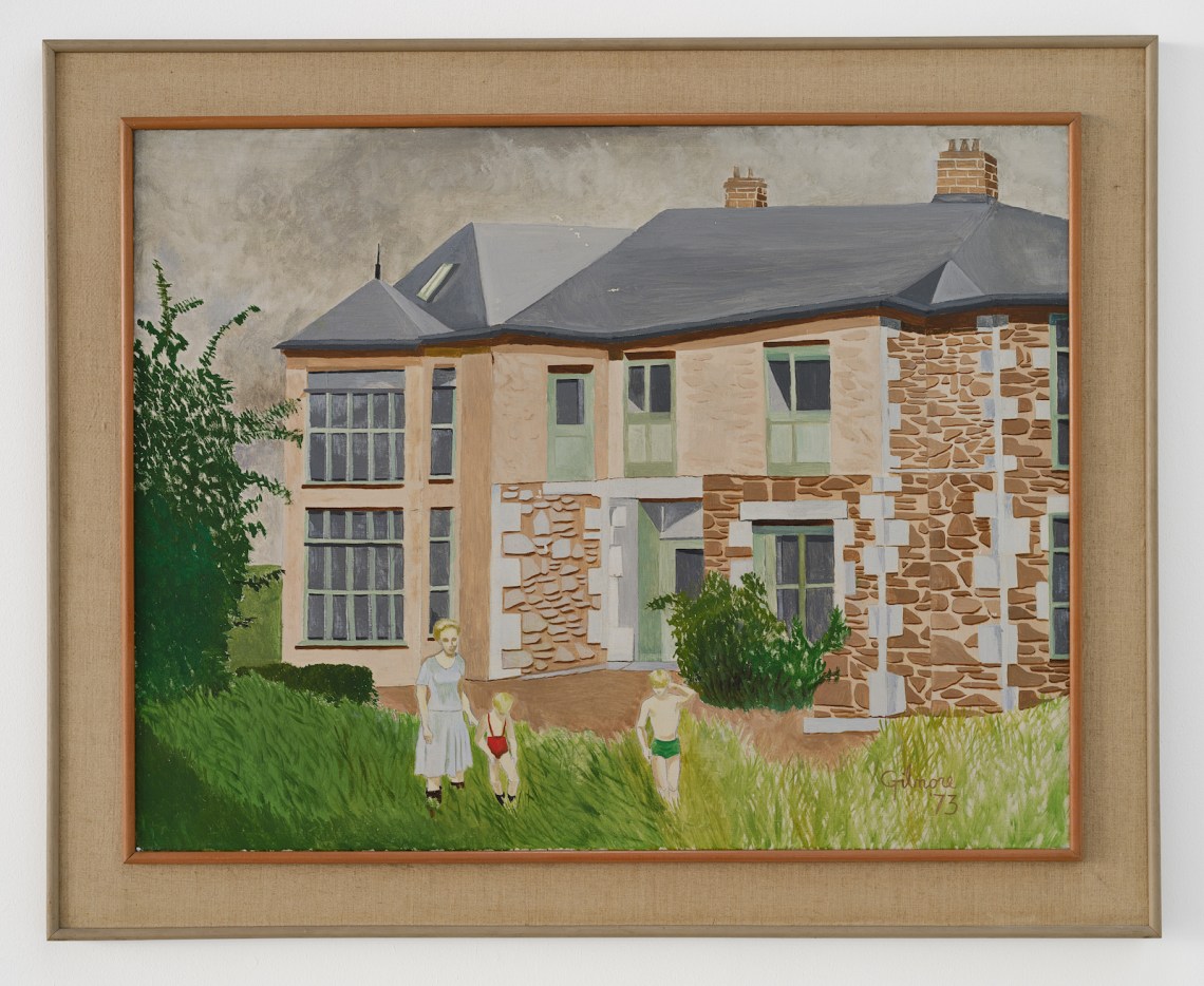 Painting of a woman and two boys standing in front of a large brick house