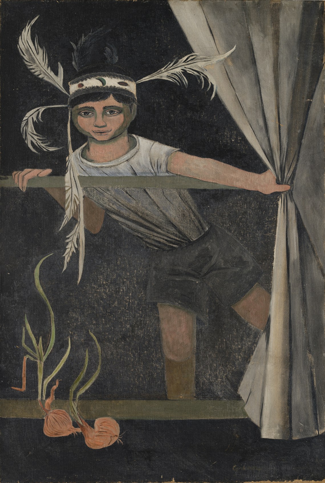 Painting of a boy in a feather headdress leaning out of a window with onions on the floor