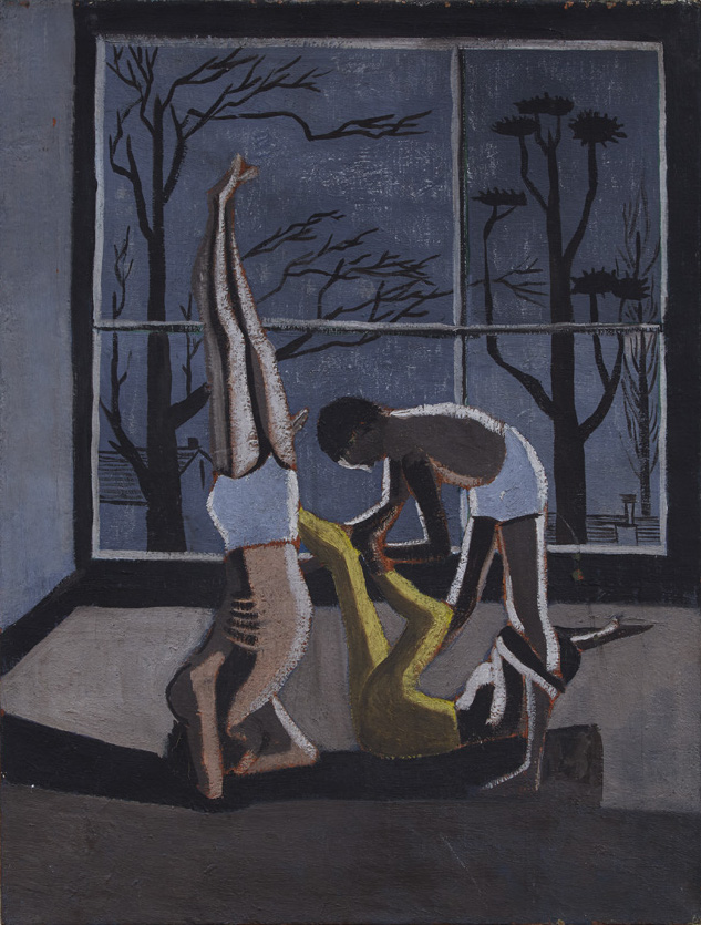 Painting of three children playing in a dark room in front of a large window, through which a dark sky and trees are visible