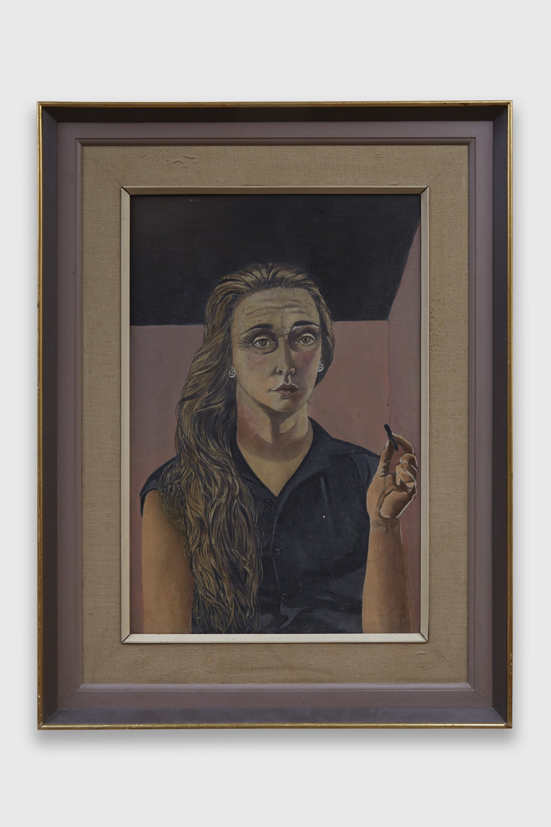 Framed painting of a woman with long blond hair and a lined face