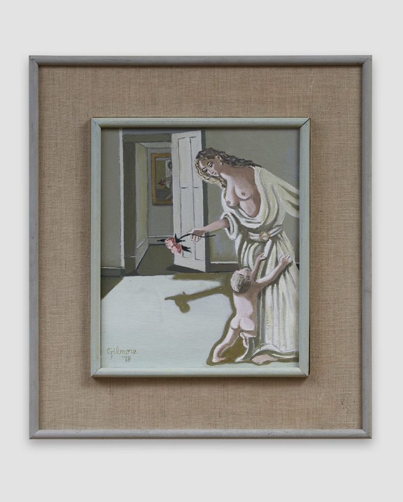 Framed painting of a bare-chested woman in a room with an open door, holding a pink flower with a baby at her feet