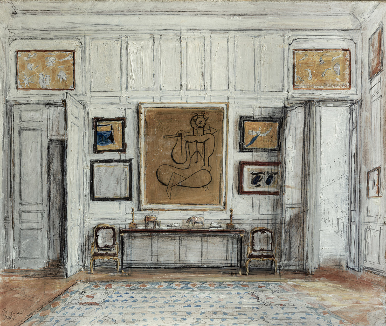 drawing of room in a home with a wall of paintings