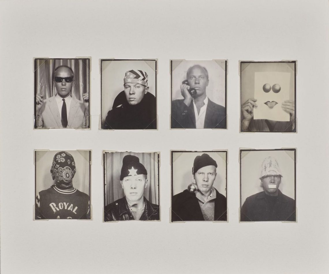 A series of eight photo-booth self-portraits of a man wearing various costumes