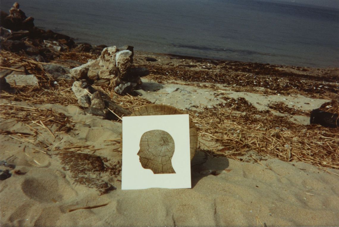 A cutout of a face in profile, perched on a beach