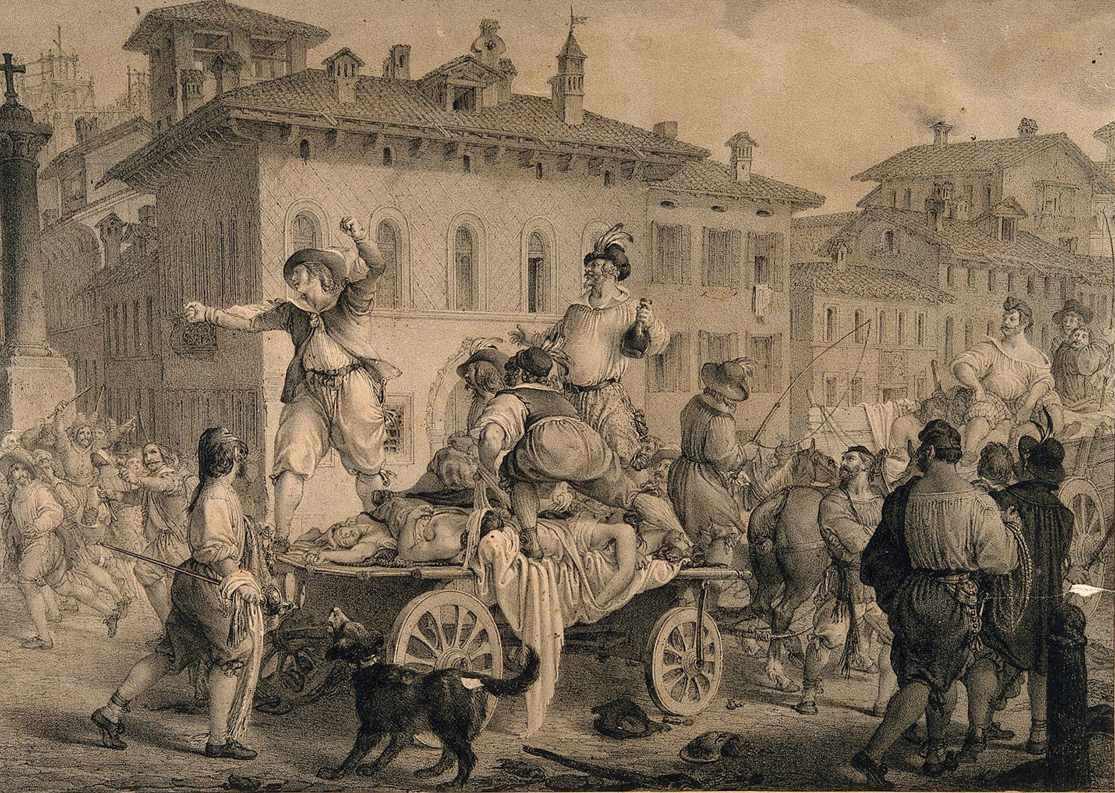 a lithograph of a scene from Alessandro Manzoni’s The Betrothed in which Renzo is accused of intentionally spreading the plague