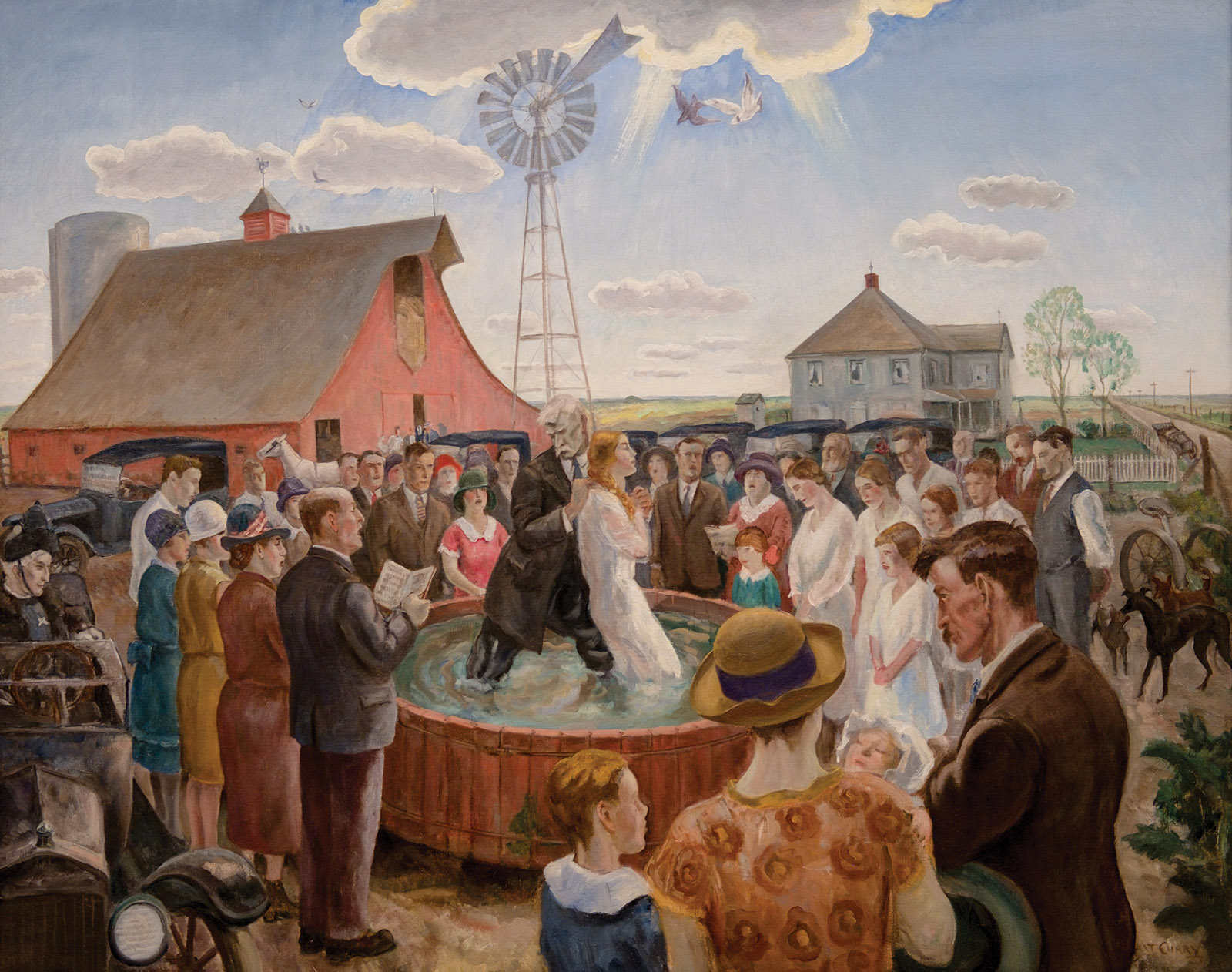 a painting of a man baptizing a woman in a wooden tub surrounded by a congregation of people on a farm