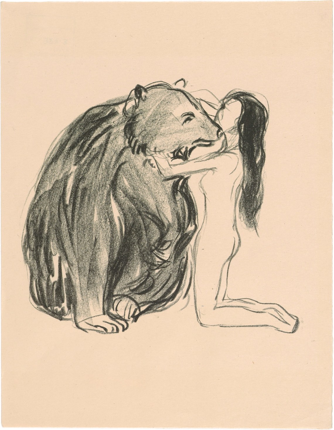 a drawing of a woman hugging a bear