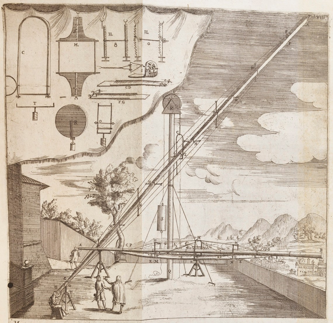 Design for a long telescope; drawing by Bianchini from Nova phaenomena