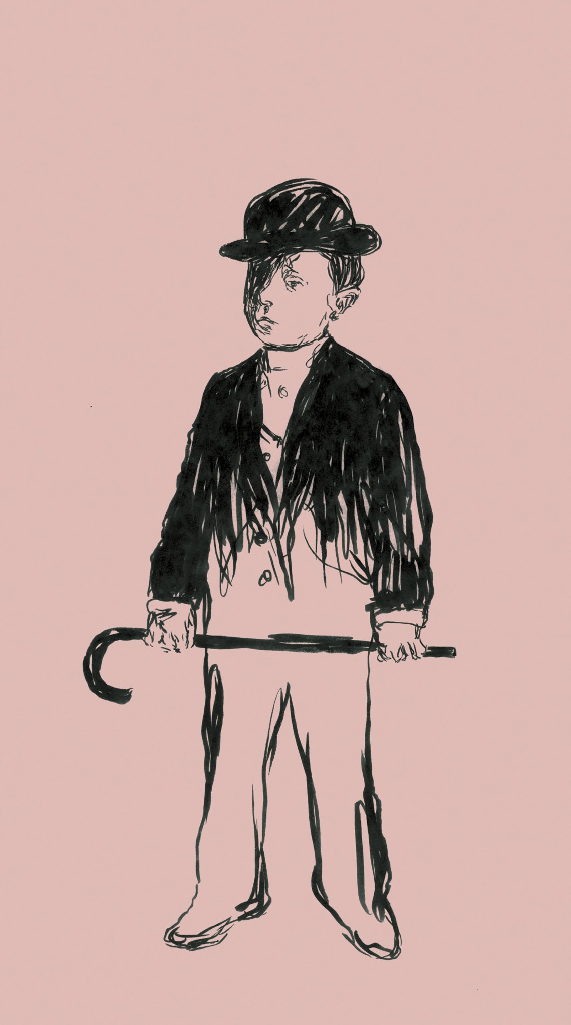 illustration of a boy in a suit, bowler and with a cane