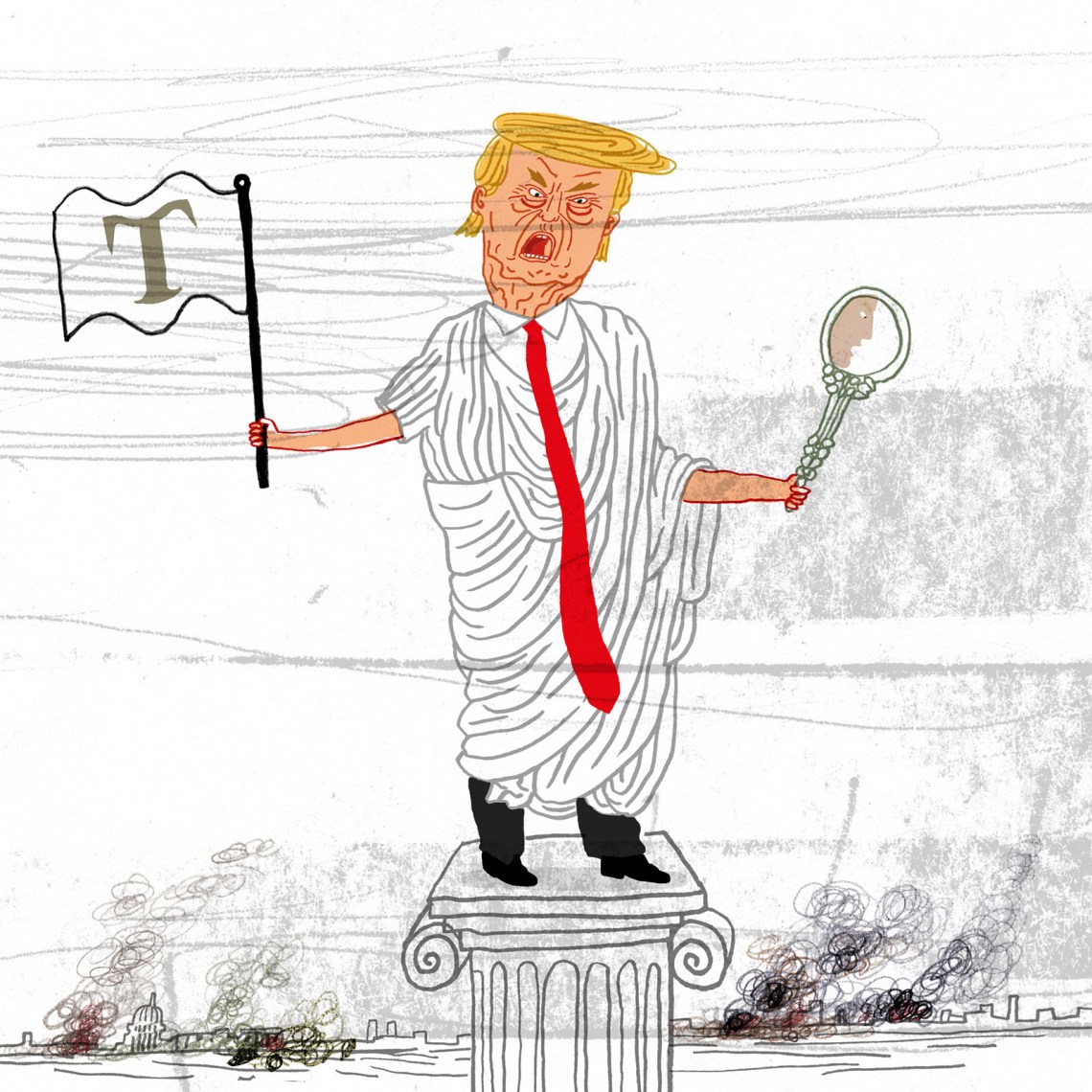 Illustration of Donald Trump with a mirror and a flag with the letter T